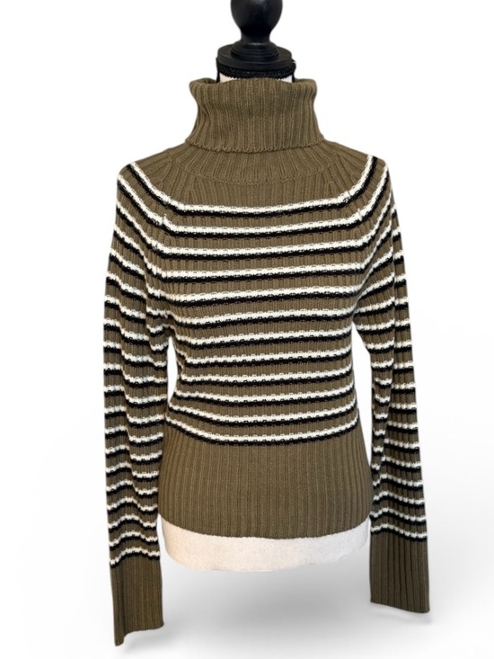 Bluenotes Sweaters - Bluenotes Ribbed Turtleneck Sweater XL Green Brown Striped Fitted Cropped Cozy